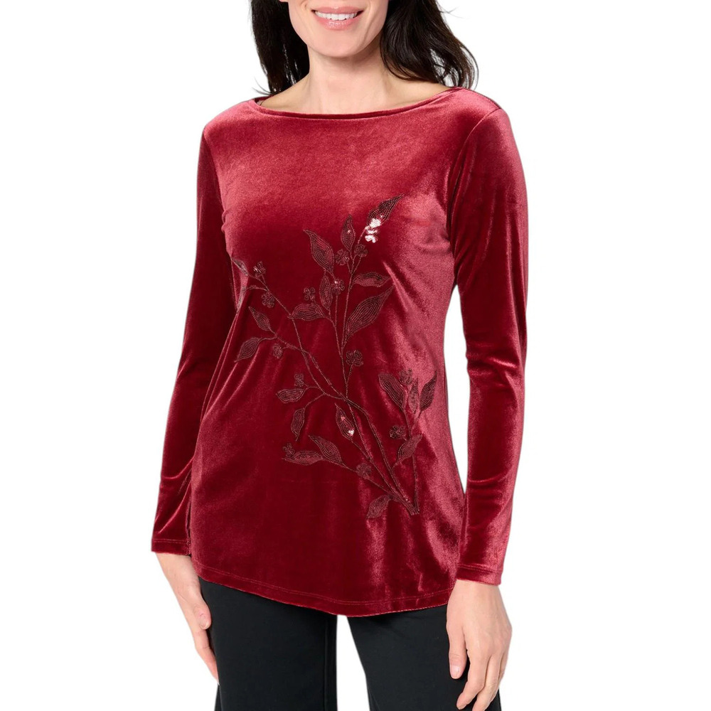 BEAUTIFUL by Lawrence Zarian Women's Velvet Sequin Tunic Cabernet - Regular